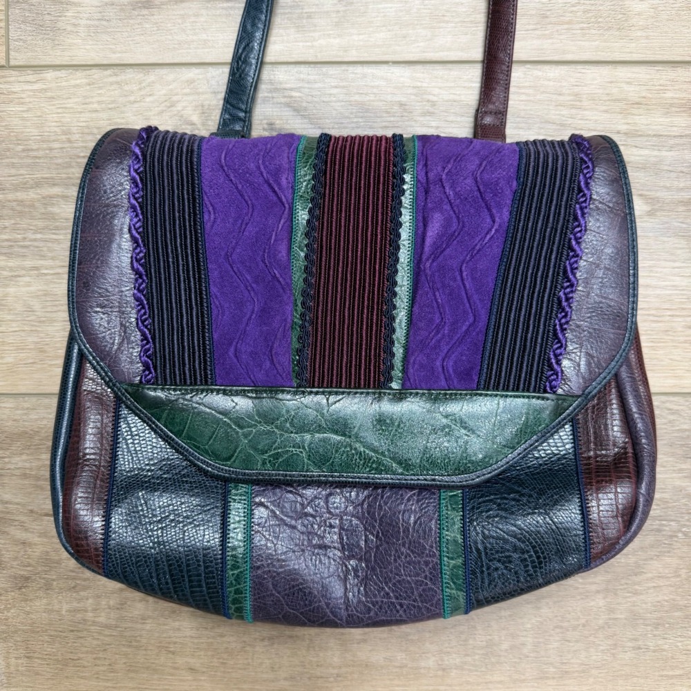 Sharif‎ Vintage Patchwork Leather  Lizard Shoulder Bag Purse Purple Green Funky